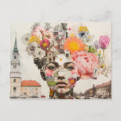 Carte Postale La Dame Collage Fleurs et Bâtiments (Devant)