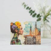 Carte Postale La Dame dans un Collage de Fleurs et de Bâtiments (Debout devant)