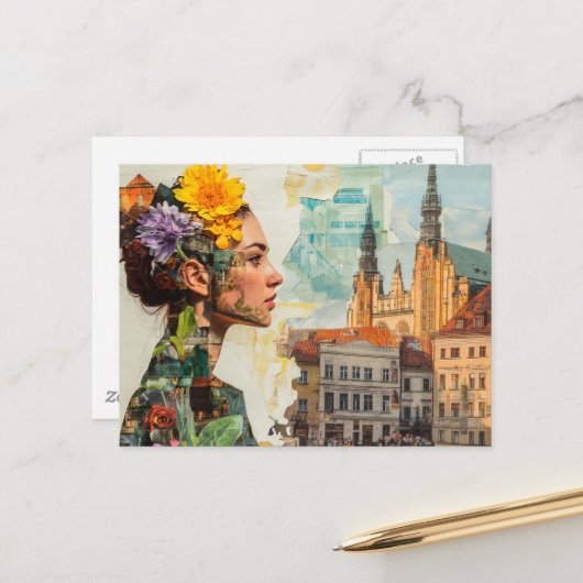 Carte Postale La Dame dans un Collage de Fleurs et de Bâtiments (Devant/Arrière en situation)