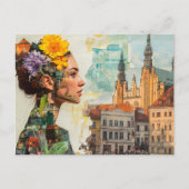 Carte Postale La Dame dans un Collage de Fleurs et de Bâtiments (Devant)