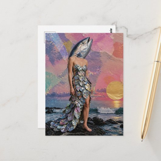Carte Postale La Dame Poisson Collage (Devant/Arrière en situation)
