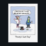 Carte Postale La Dernière journée de Frosty | Drôle Noël Cartoon<br><div class="desc">Dessin de Frosty le Snowman a fondu dans une flaque devant deux enfants. La fille dit : "Je t'ai dit de ne pas lui donner de chocolat chaud !" Une carte postale Xmas amusante, idéale pour les envois de cartes personnelles et professionnelles. Visitez Jenn's Doodle World pour encore plus de...</div>