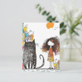 Carte Postale La fille et le chat noir géant dans la ville (Debout devant)