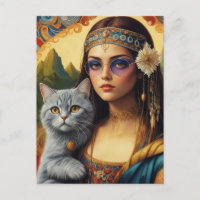 La jeune hippie Mona Lisa et son chat gris