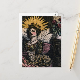 Carte Postale La jolie reine endormie et son chat