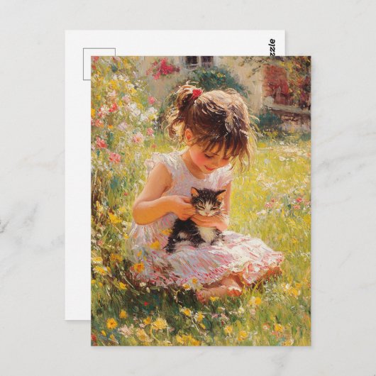 Carte Postale La petite fille adorable en rose et son chaton (Devant / Derrière)