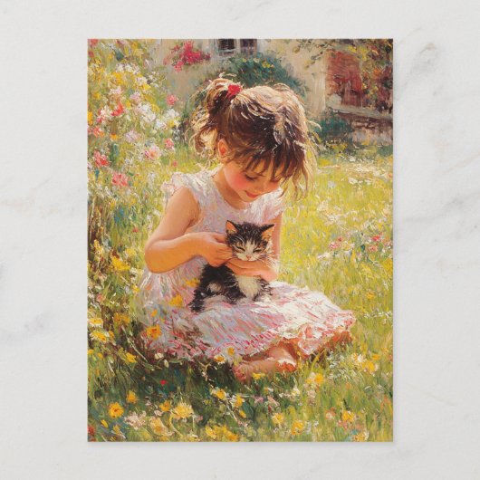 Carte Postale La petite fille adorable en rose et son chaton (Devant)