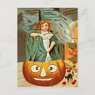 Carte Postale La petite fille sorcière cuisine sur une grosse ci
