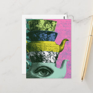Carte Postale La pile de tasses et de bouilloires en teck rétro