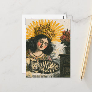 Carte Postale La Reine Mignonne Adorable et Endormie et son Chat