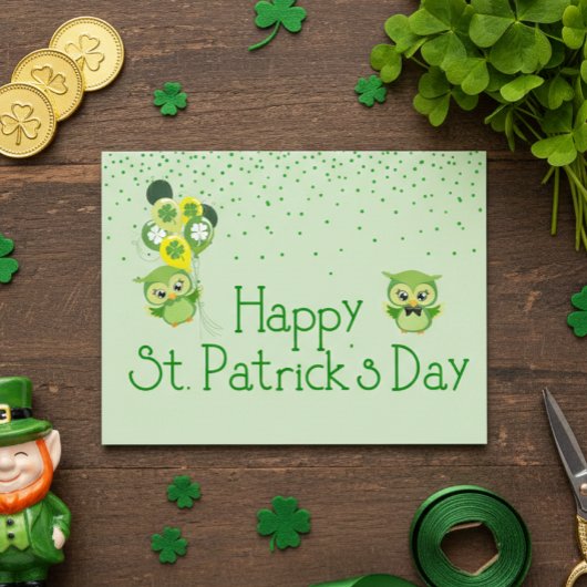 Carte Postale La Saint-Patrick Shamrock Hiboux Verts Mignons