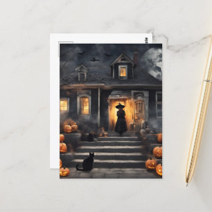 Carte Postale La sorcière d'Halloween et la maison hantée