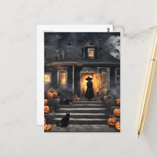Carte Postale La sorcière d'Halloween et la maison hantée