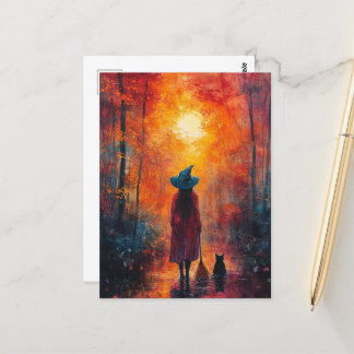 Carte Postale La Sorcière et Son Chat dans la Forêt d'Automne