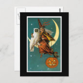 Carte Postale La sorcière et son hibou assis sur la lune (Devant / Derrière)