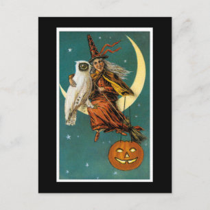 Carte Postale La sorcière et son hibou assis sur la lune