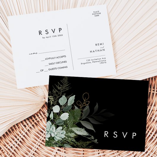 Carte Postale La verdure et la feuille d'or | Black Wedding RSVP