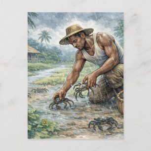 Carte Postale La vie du village tropical : un homme qui attrape 