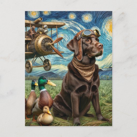 Carte Postale Labrador chocolat steampunk Van Gogh (Devant)