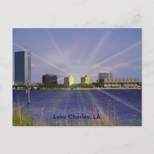 Carte Postale Lac Charles, LA Skyline avec Sunburst (Devant)