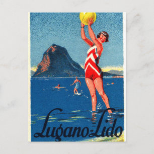 Carte Postale Lac de Lugano, plage, fille avec ballon de plage,