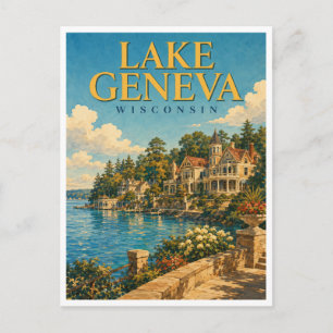 Carte Postale Lac Genève Wisconsin Lakeside Watercolor GeoSaga