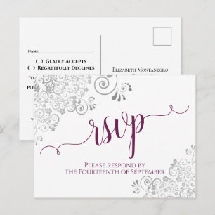 Carte Postale Lacy Calligraphy Magenta & White Wedding RSVP