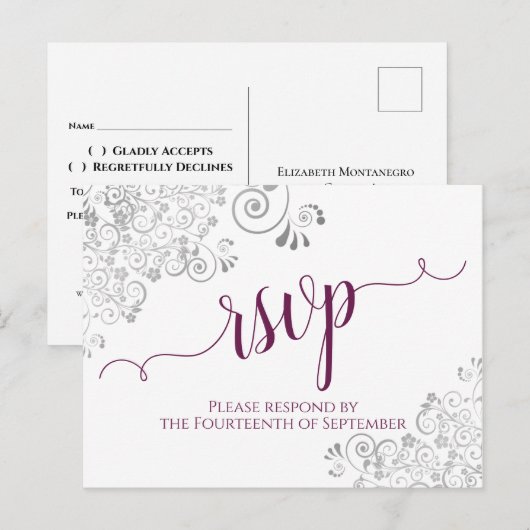 Carte Postale Lacy Calligraphy Magenta & White Wedding RSVP (Devant / Derrière)