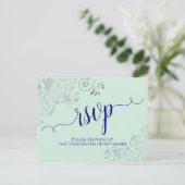 Carte Postale Lacy Calligraphy Marine Blue sur Mint Wedding RSVP (Debout devant)
