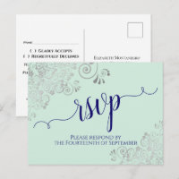 Lacy Calligraphy Marine Blue sur Mint Wedding RSVP