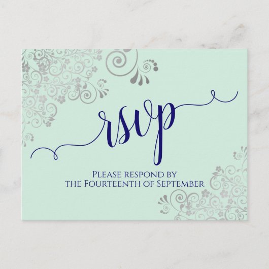 Carte Postale Lacy Calligraphy Marine Blue sur Mint Wedding RSVP (Devant)