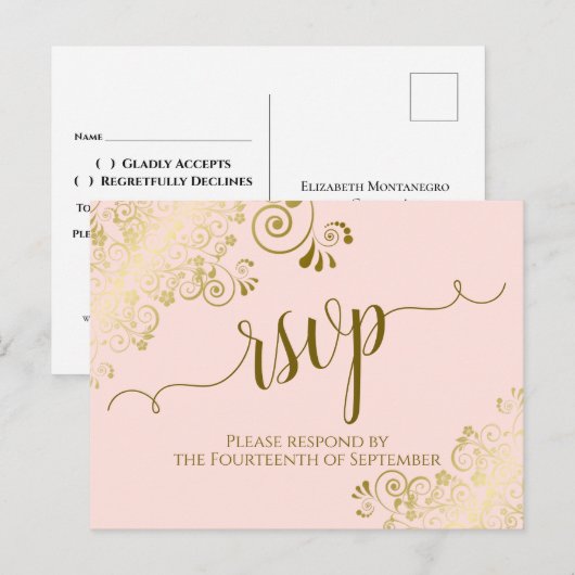 Carte Postale Lacy Gold Calligraphie Blush Rose Wedding RSVP (Devant / Derrière)