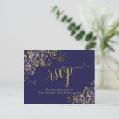 Carte Postale Lacy Gold Calligraphie Chic Navy Blue Wedding RSVP (Debout devant)