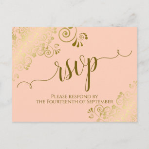 Carte Postale Lacy Gold Calligraphie Coral Peach Wedding RSVP