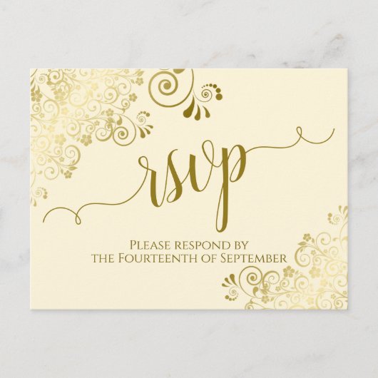 Carte Postale Lacy Gold Calligraphie Elegant Cream Wedding RSVP (Devant)
