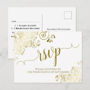 Carte Postale Lacy Gold Calligraphie Elégant mariage blanc RSVP