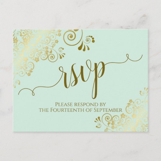 Carte Postale Lacy Gold Calligraphie Neo Mint Green Wedding RSVP (Devant)