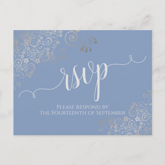 Carte Postale Lacy Silver Calligraphie Light Mariage bleu RSVP (Devant)