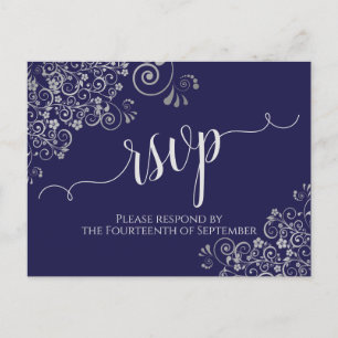 Carte Postale Lacy Silver Calligraphie Marine Blue Wedding RSVP