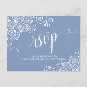 Carte Postale Lacy White Calligraphie sur Dusty Blue Wedding RSV