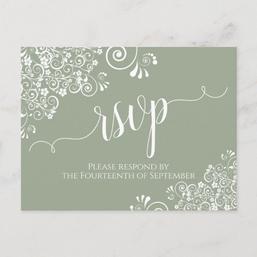 Carte Postale Lacy White Calligraphie sur Sage Green Wedding RSV (Devant)