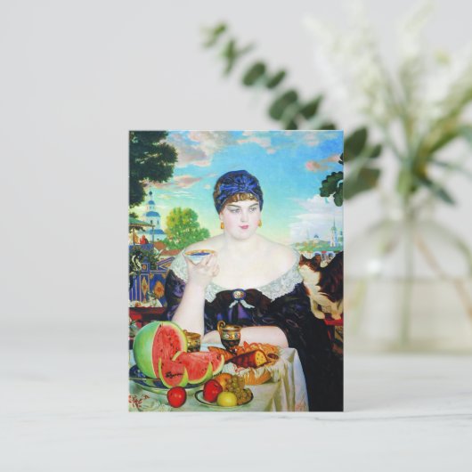 Carte Postale Lady Boire du thé avec chat (Debout devant)