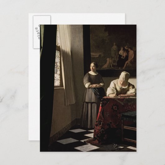 Carte Postale Lady écrit une lettre avec sa bonne, vers 1670 (Devant / Derrière)