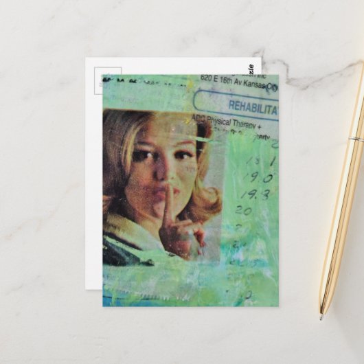 Carte Postale Lady says quiet Mixed Media Collage (Devant/Arrière en situation)
