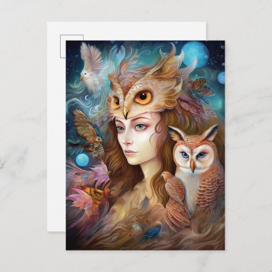 Carte Postale Lady With Owl Surreal Imaginaire Art (Devant / Derrière)