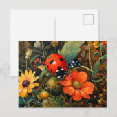 Carte Postale Ladybug sur une simple illustration de la fleur de (Devant / Derrière)
