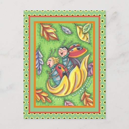 CARTE POSTALE LADYBUGS QUI RETOURNENT SUR LES FEUILLES D'AUTOMNE (Devant)