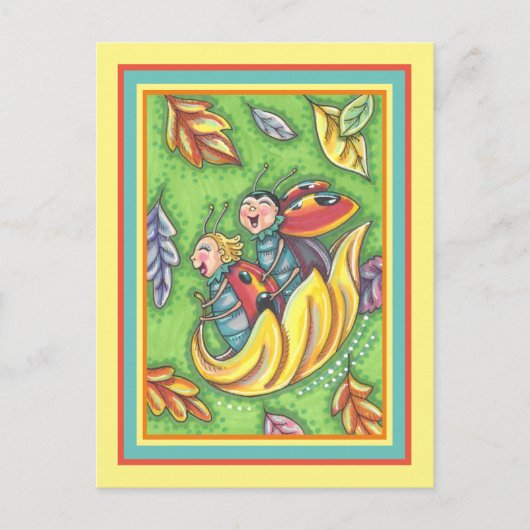 CARTE POSTALE LADYBUGS QUI RETOURNENT SUR LES FEUILLES D'AUTOMNE (Devant)