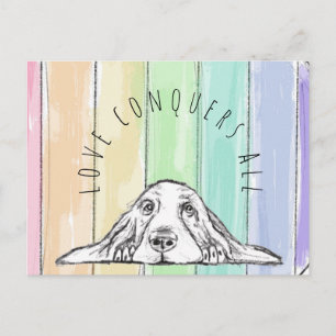 Carte Postale l'amour conquiert tout chien arc-en-ciel basset ho