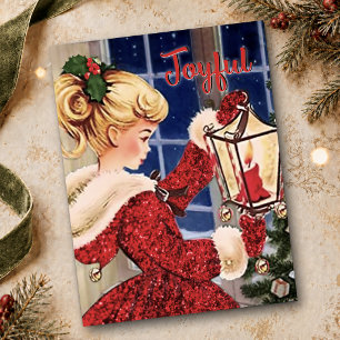 Carte Postale Lampe à bougie de Noël vintage fille rouge paillet